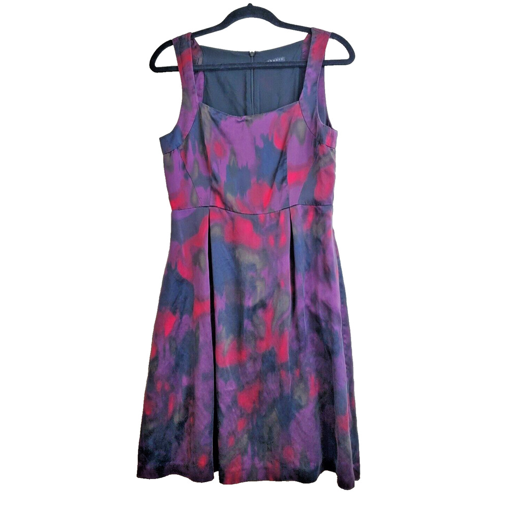 Theory Women Dress 8 100% Silk Watercolor Print Black Pleated A-line Mini